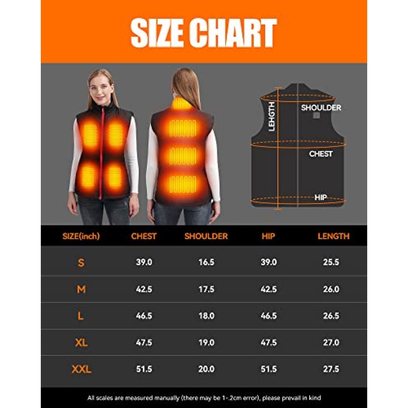 HEATEDTEK 여성용 가열 조끼 - 경량 가열 재킷 코트 조끼, 8개 가열 패드, 3개 온도 조절