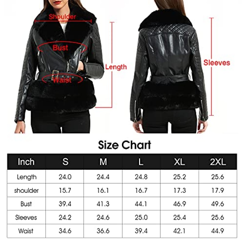 Pallivare 여성용 인조 모피 칼라 가죽 자켓 지퍼 업 모피 줄 지어 따뜻한 겨울 짧은 코트 (여성용 분리형 벨트 포함)