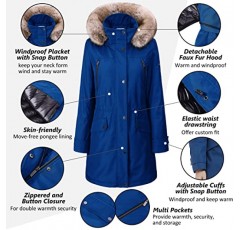 IKAZZ 여성용 겨울 코트, 모피 인조 탈착식 후드가 있는 두꺼운 따뜻한 단열 비건 다운 롱 파카 재킷