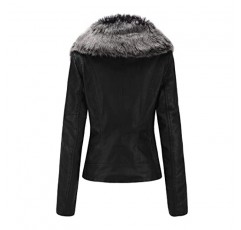Geschallino 여성용 인조 가죽 자켓 가을 겨울 모토 셰르파 라이닝 코트(탈착식 모피 칼라 포함)