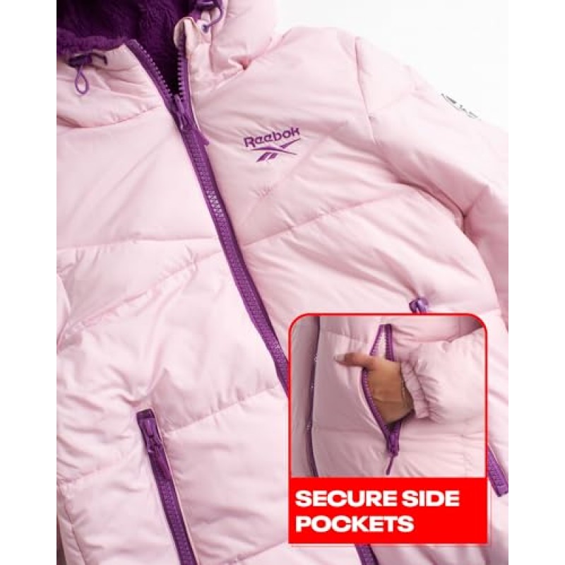 Reebok 여성용 겨울 재킷 - 셰르파 플리스 안감이 있는 양면 퀼팅 퍼퍼 코트 - 여성용 양면 재킷(S-XL)