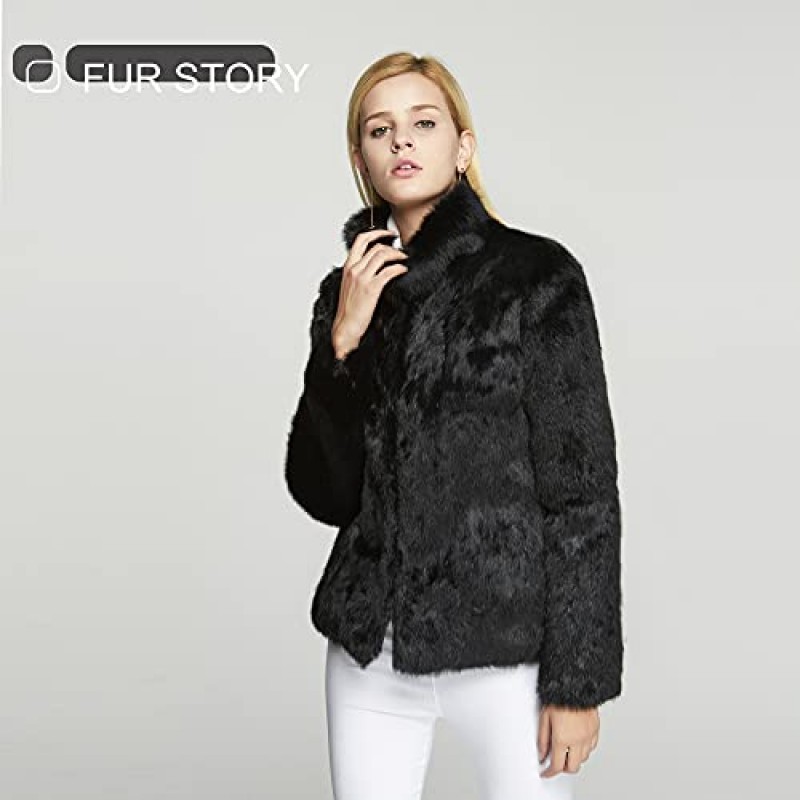 Fur Story 여성 정품 토끼 모피 코트 퍼지 따뜻한 모피 자켓 겨울 아웃웨어