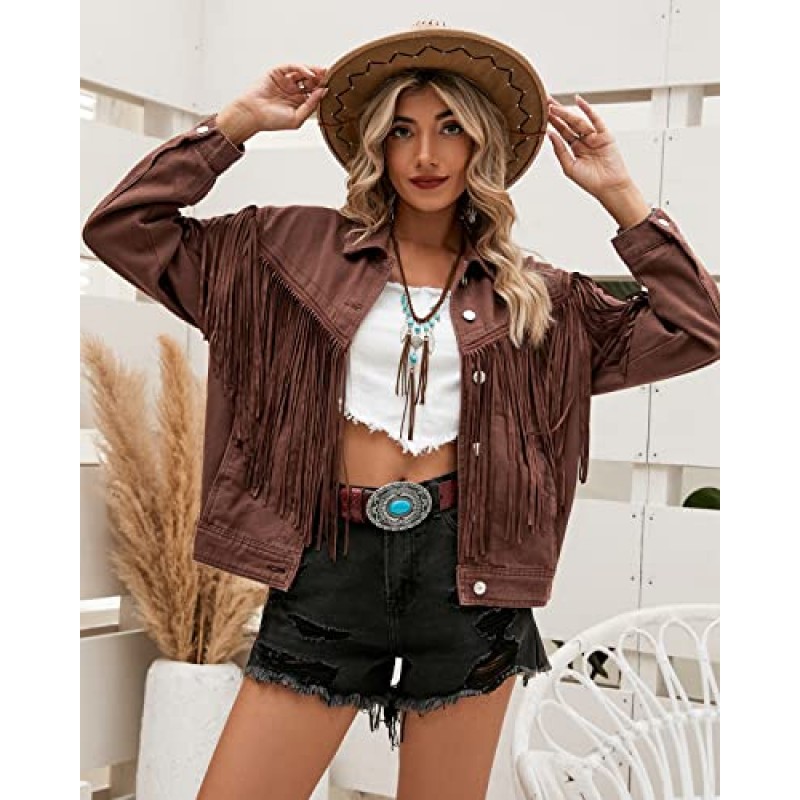 Vetinee 여성용 데님 재킷 Fringe Trucker Jean Jacket 디스트레스드 웨스턴 카우걸 샤켓 재킷 Coachella Festival