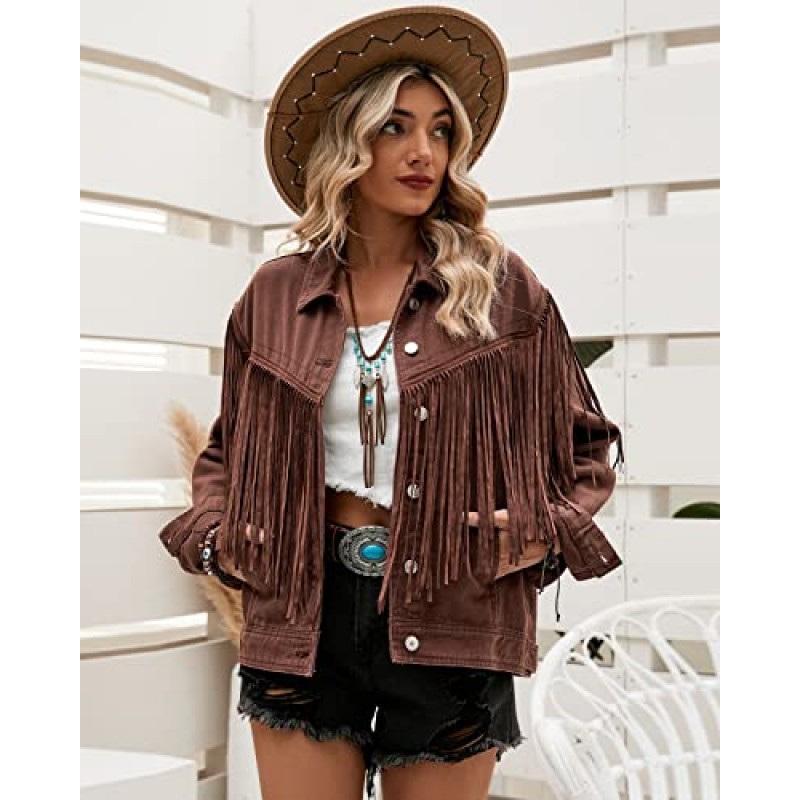 Vetinee 여성용 데님 재킷 Fringe Trucker Jean Jacket 디스트레스드 웨스턴 카우걸 샤켓 재킷 Coachella Festival