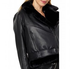 [BLANKNYC] 여성 럭셔리 의류 비건 가죽 모토 자켓, 모피 트림, 편안하고 스타일리쉬한 코트