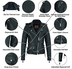 Dream Apparel 지퍼 아웃 안감이 있는 여성용 클래식 가죽 오토바이 재킷, 측면 끈이 있는 여성용 바이커 재킷, 블랙