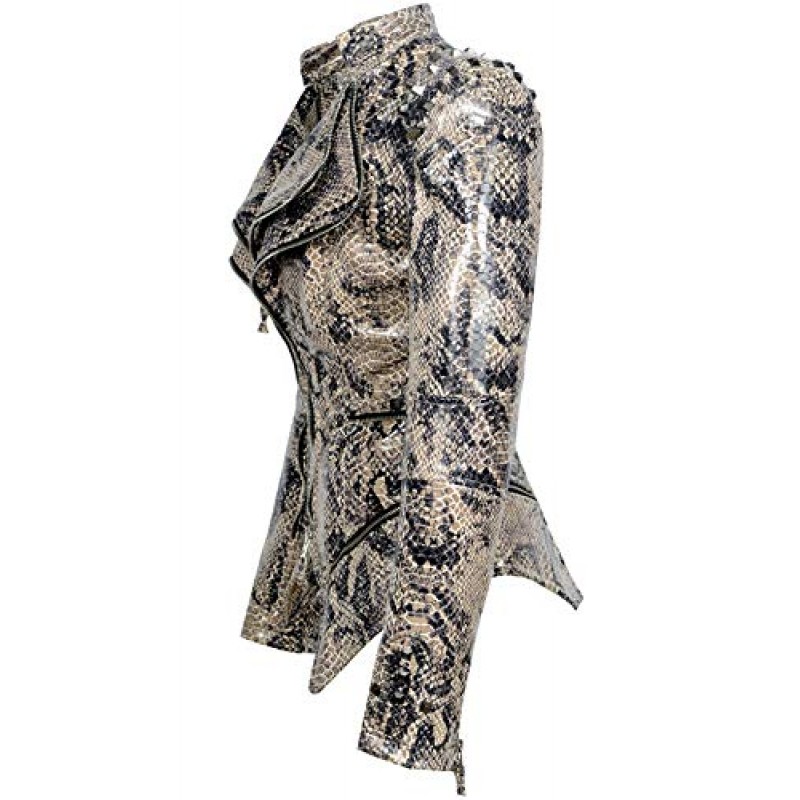 chouyatou 여성 패션 뱀 패턴 프린트 스터드 모토 Pu 가죽 바이커 재킷