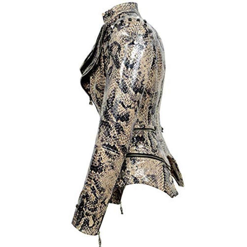 chouyatou 여성 패션 뱀 패턴 프린트 스터드 모토 Pu 가죽 바이커 재킷