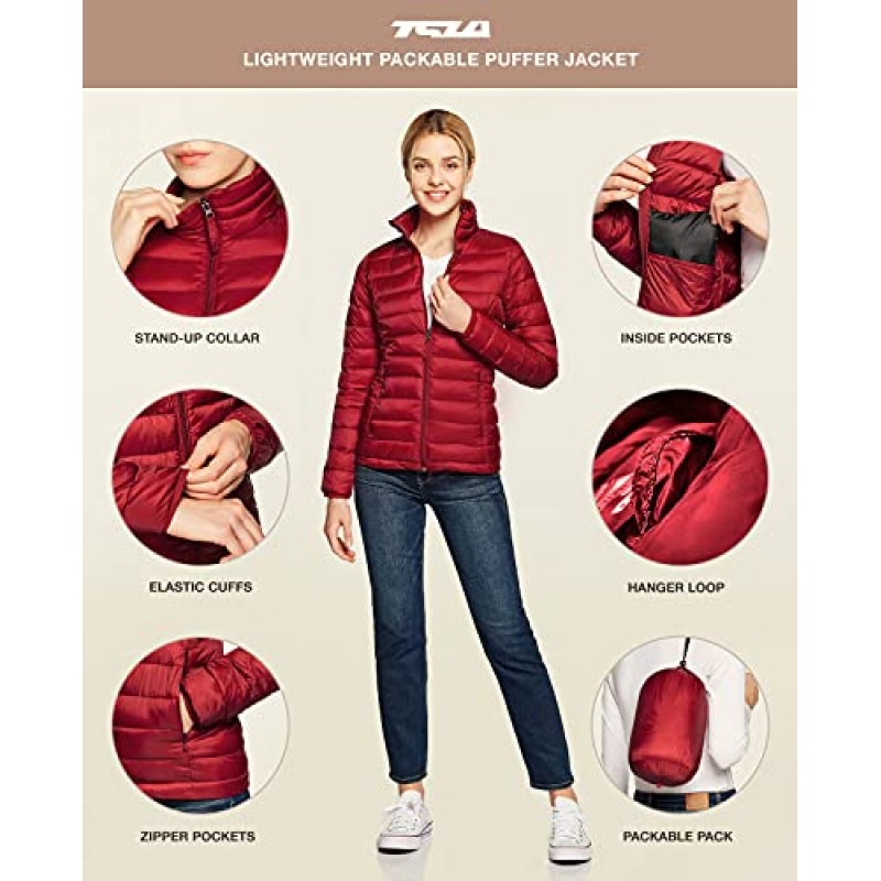 TSLA 여성용 경량 패커블 액센트 퍼퍼 재킷, 방수 겨울 코트
