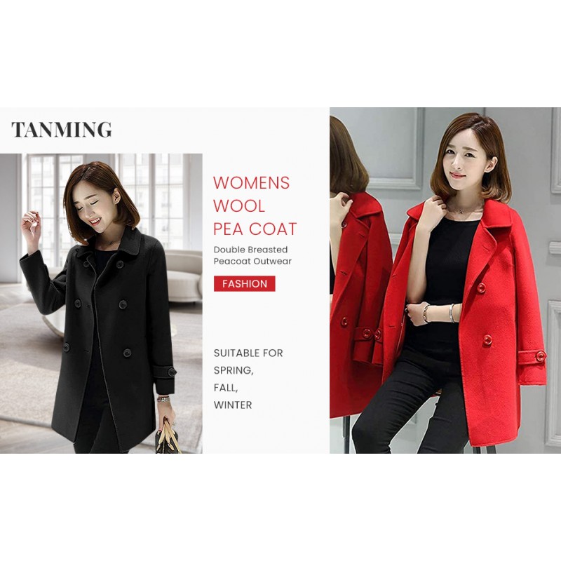 Tanming 여성 겨울 더블 브레스트 코트 블랙 울 피코트 긴 소매 트렌치 코트