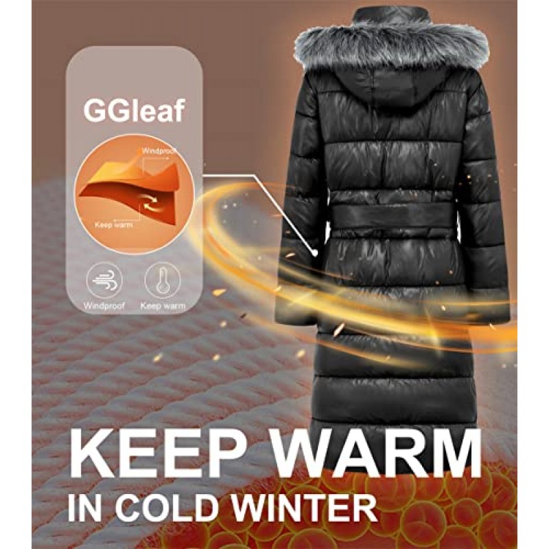 GGleaf 여성용 긴 겨울 자켓 벨트가 있는 메탈릭 샤이니 퍼퍼 웜 코트