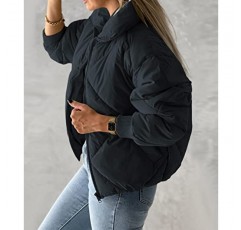 Newffr Womens Quilted Cropped Puffer Jacket 긴 소매 전체 지퍼 포켓 따뜻한 짧은 버블 코트