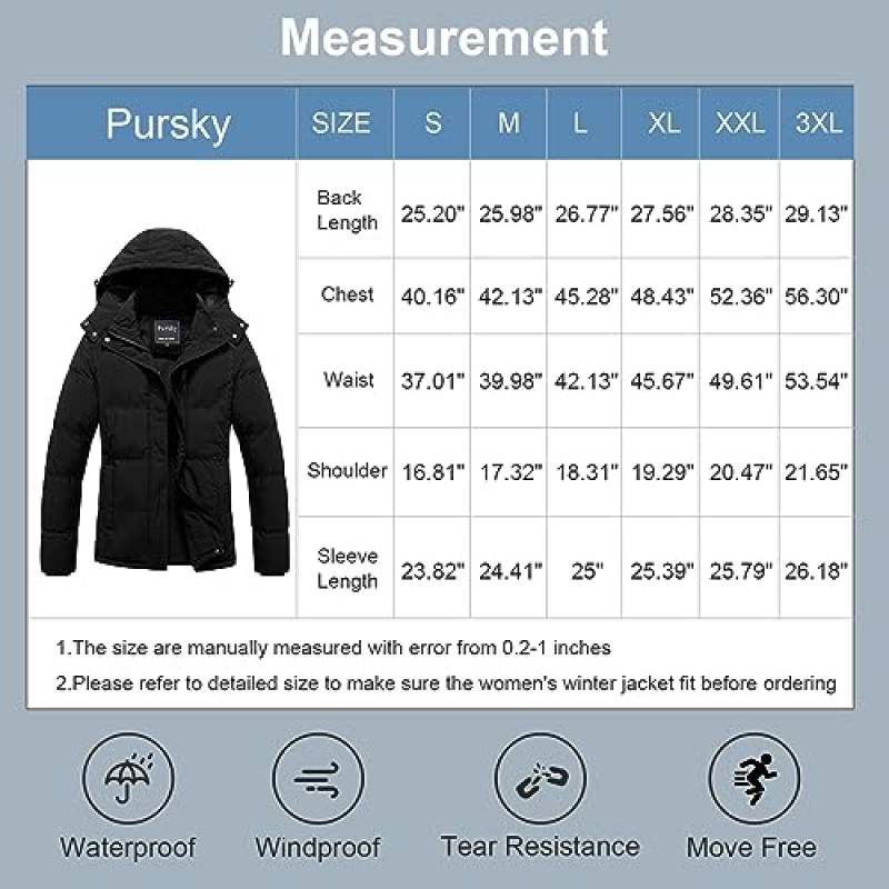 Pursky 여성용 따뜻한 겨울 두꺼운 코트 방수 크로프트 자켓 탈착식 후드가있는 파카
