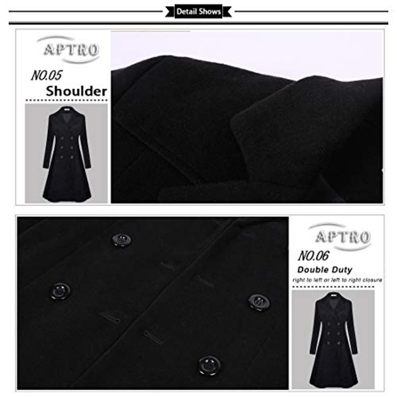 APTRO 여성 겨울 울 드레스 코트 더블 브레스트 완두콩 코트 롱 트렌치 코트