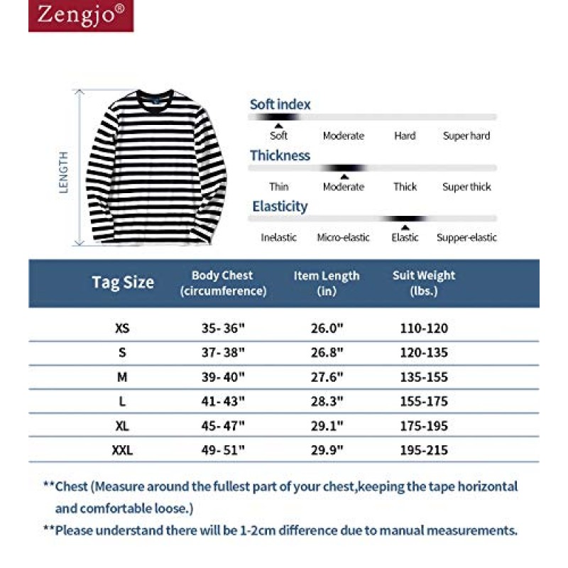 Zengjo 남성 캐주얼 코튼 스판덱스 스트라이프 크루넥 긴팔 티셔츠 기본 풀오버 스트라이프 티셔츠