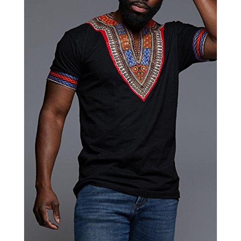 Makkrom Mens African Dashiki T 셔츠 부족 꽃 프린트 V 넥 슬림 피트 셔츠상의