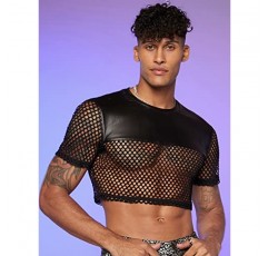 WDIRARA 남성용 Fishnet PU 가죽 메쉬 T 셔츠 라운드 넥 반소매 자르기 티셔츠