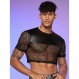 WDIRARA 남성용 Fishnet PU 가죽 메쉬 T 셔츠 라운드 넥 반소매 자르기 티셔츠