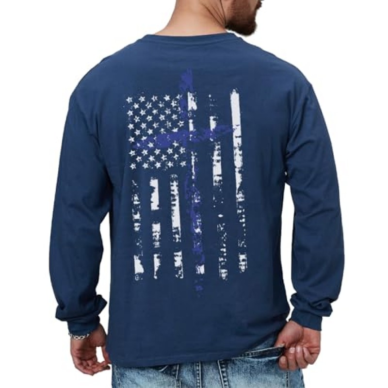 H HYFOL 남성용 그래픽 티셔츠 USA Flag 100% 코튼 긴 소매 American Patriotic Crewneck 레귤러 티셔츠