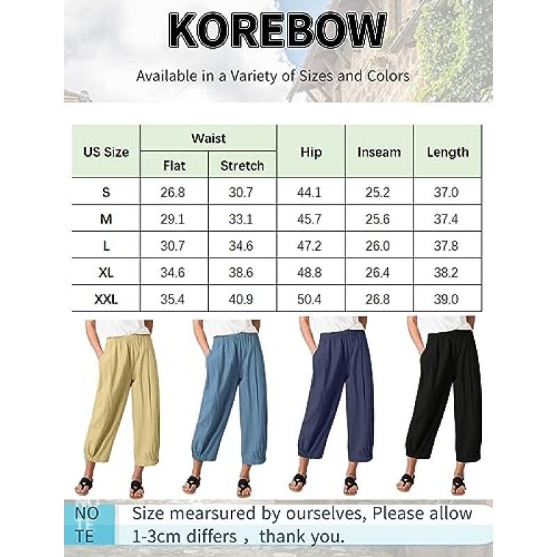 Korebow 여성 여름 리넨 바지 하이 웨이스트 드로스트링 프린트 보헤미안 카프리 바지