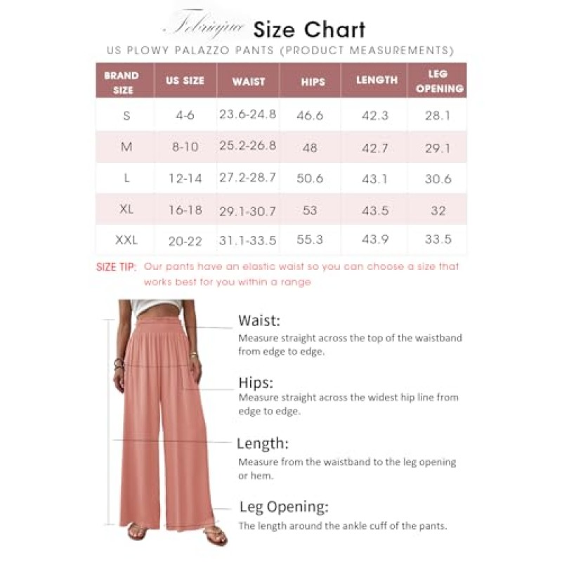 Febriajuce Womens 하이 웨이스트 와이드 레그 팬츠 스모킹 신축성 있는 허리 Flowy Palazzo 라운지 바지 포켓이 있는 루즈한 바지