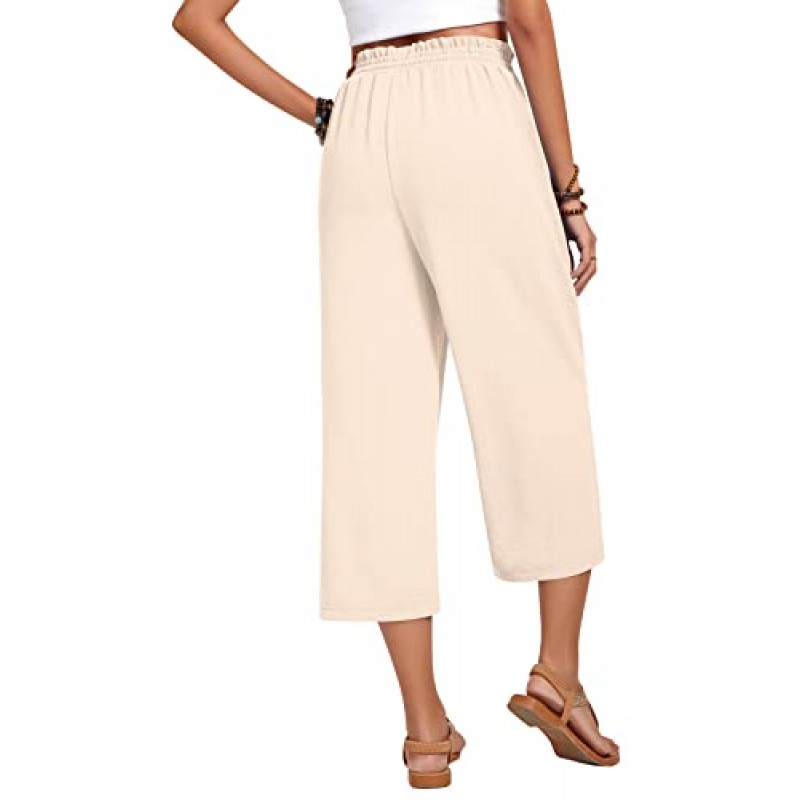 Anyhold Womens Capri Pants 루즈한 하이 웨이스트 와이드 레그 라운지 바지 Drawstring Causal Palazzo Pants Pocket with Pockets