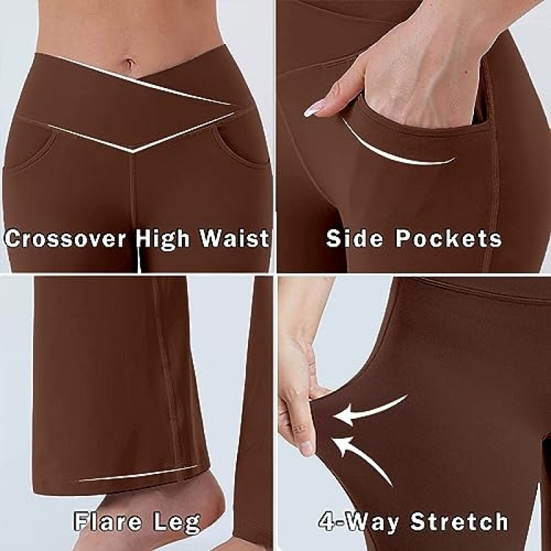 JADD Womens 플레어 요가 바지 포켓 크로스 오버 하이 웨이스트 부츠컷 플레어 레깅스 Tummy Control Workout Dress Pants