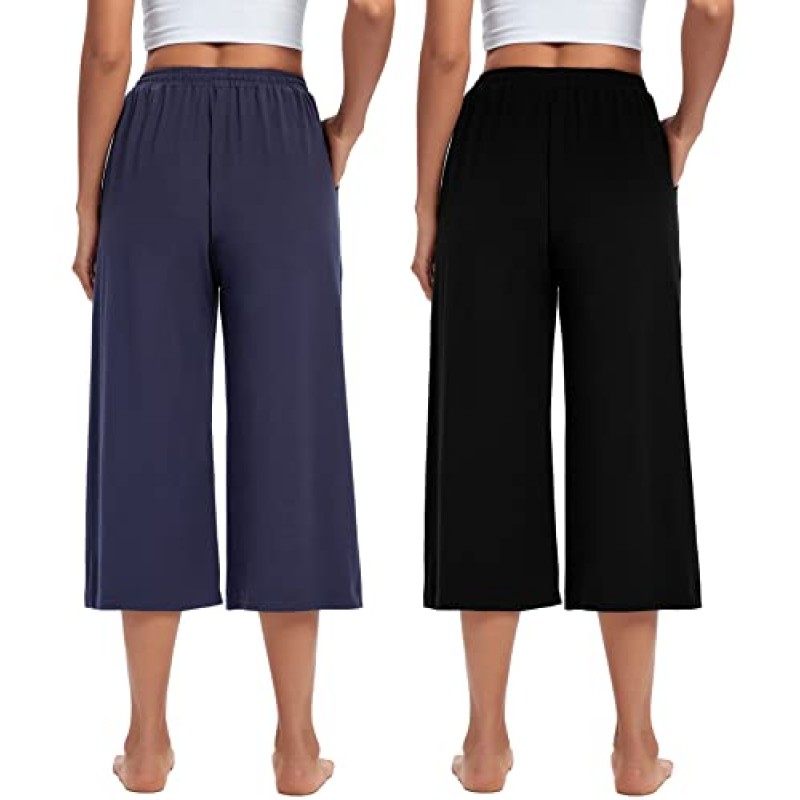 ASIMOON Womens Capri 요가 바지 와이드 레그 드로우 스트링 라운지 바지 주머니가있는 루즈하고 편안한 운동 카프리 스웨트 팬츠