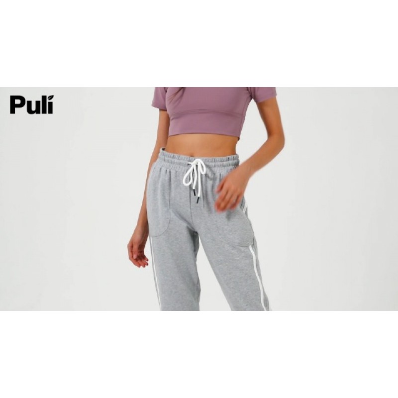 PULI 러닝 트레이닝 복 여성용 Drawstring 하이 웨이스트 사이드 스트라이프 운동 포켓이 있는 Cotton Athletic Lounge