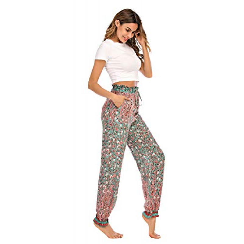 Love Welove 패션 여성 여름 인쇄 요가 하렘 바지 Ruffle Elastic Ruffle 하이 웨이스트 Boho Hippie Palazzo Jogger Pants