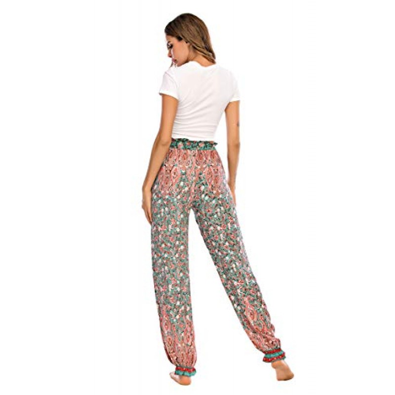 Love Welove 패션 여성 여름 인쇄 요가 하렘 바지 Ruffle Elastic Ruffle 하이 웨이스트 Boho Hippie Palazzo Jogger Pants