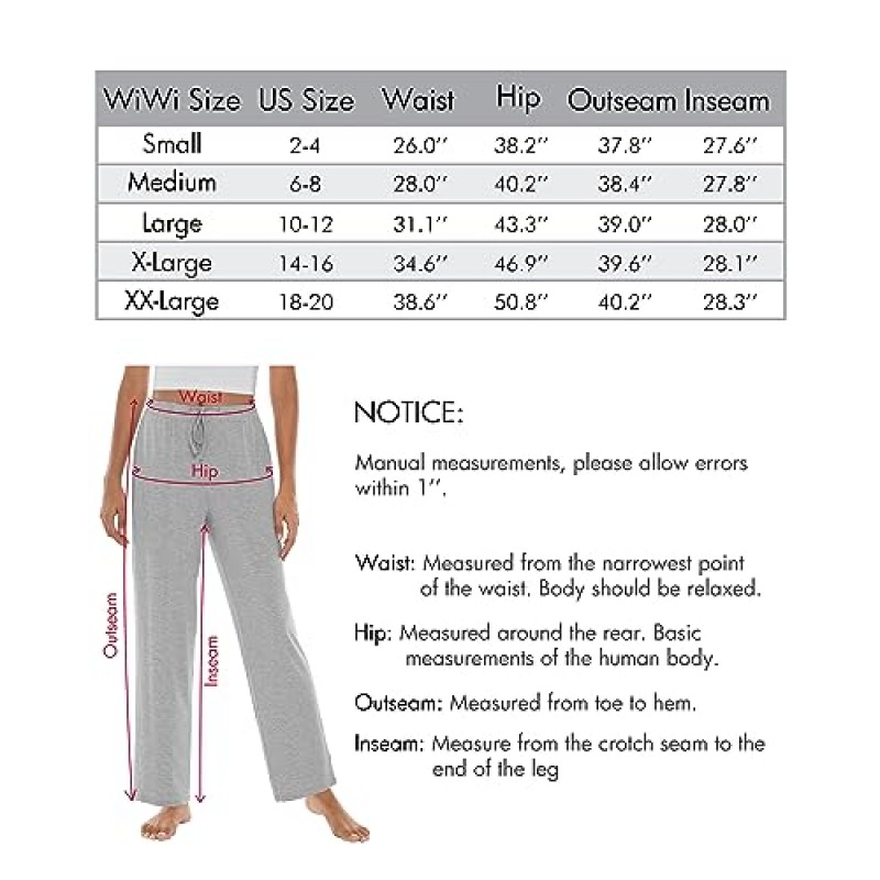 WiWi 대나무 비스코스 파자마 바지 여성용 소프트 스웨트 팬츠 캐주얼 와이드 레그 보텀 Drawstring Sleep Pant S-XXL