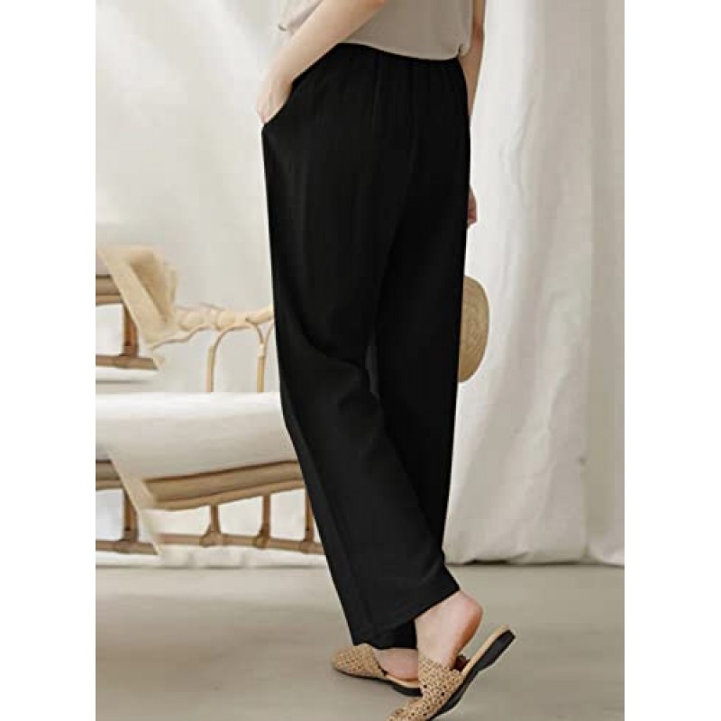 GLIENST Womens 캐주얼 린넨 드로스트링 타이 신축성 있는 허리 루즈한 Palazzos 바지 포켓이 있는 와이드 레그 롱 바지 S-XXXL