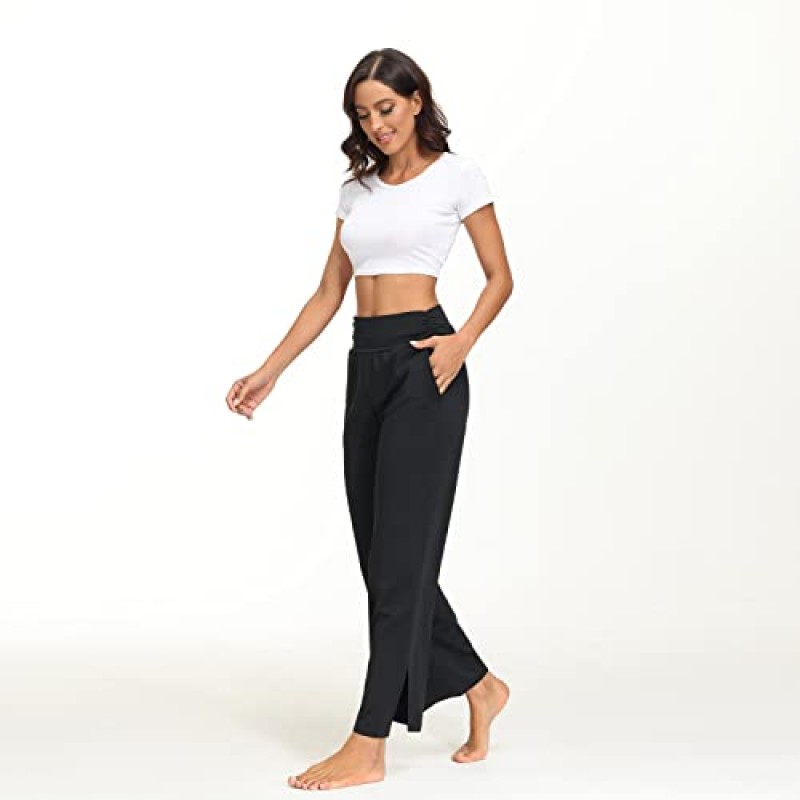 Shamarspo Womens Wide Leg Pants 캐주얼 루즈 요가 운동복 하이 웨이스트 조깅하는 주머니가있는 편안한 흐르는 바지