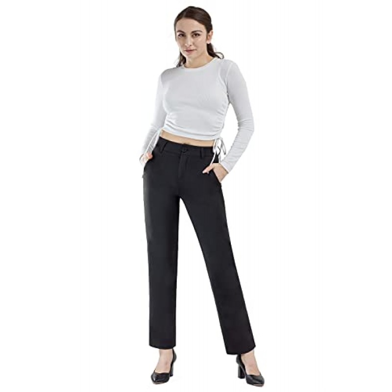 Bamans Womens Dress Pants 스트레이트 레그 스트레치 작업 바지 지퍼 포켓이 있는 캐주얼 요가 바지