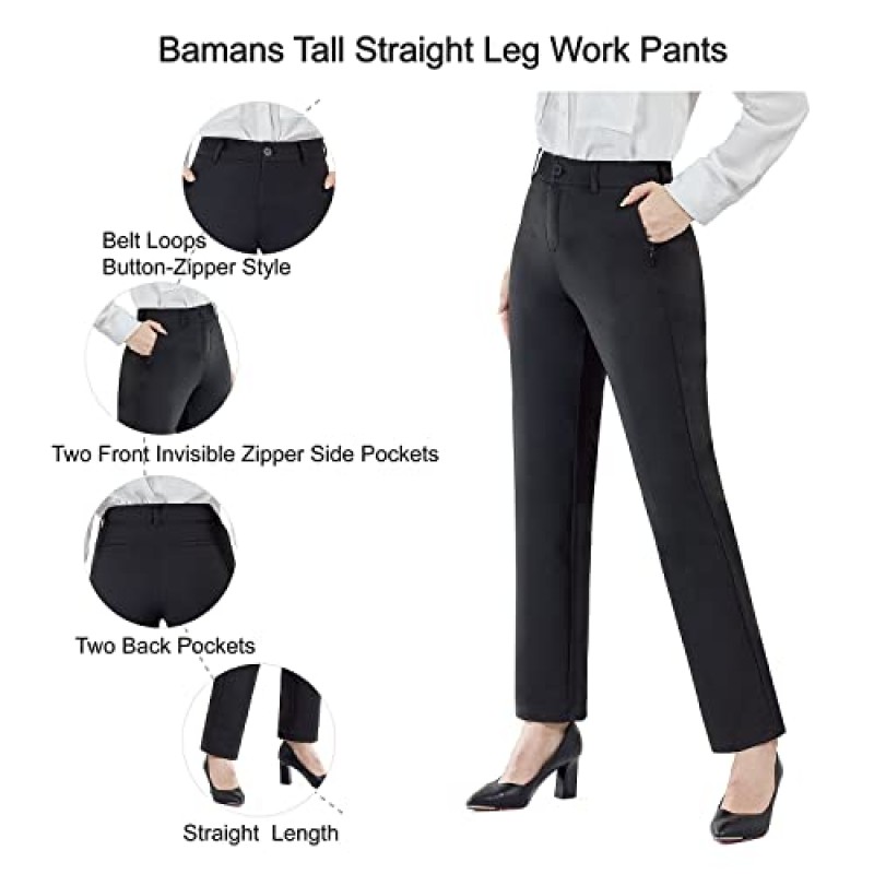 Bamans Womens Dress Pants 스트레이트 레그 스트레치 작업 바지 지퍼 포켓이 있는 캐주얼 요가 바지