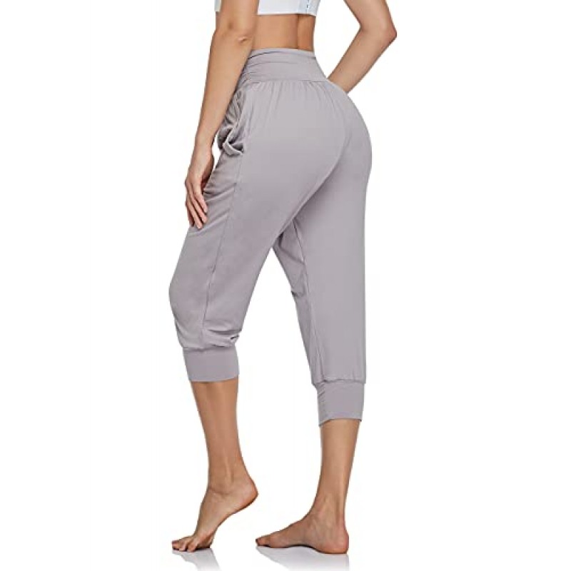 UEU 여성용 하이 웨이스트 여름 캐주얼 루즈 카프리 요가 바지 Comfy Lounge Cropped Capris Jogger Sweatpants with Pockets