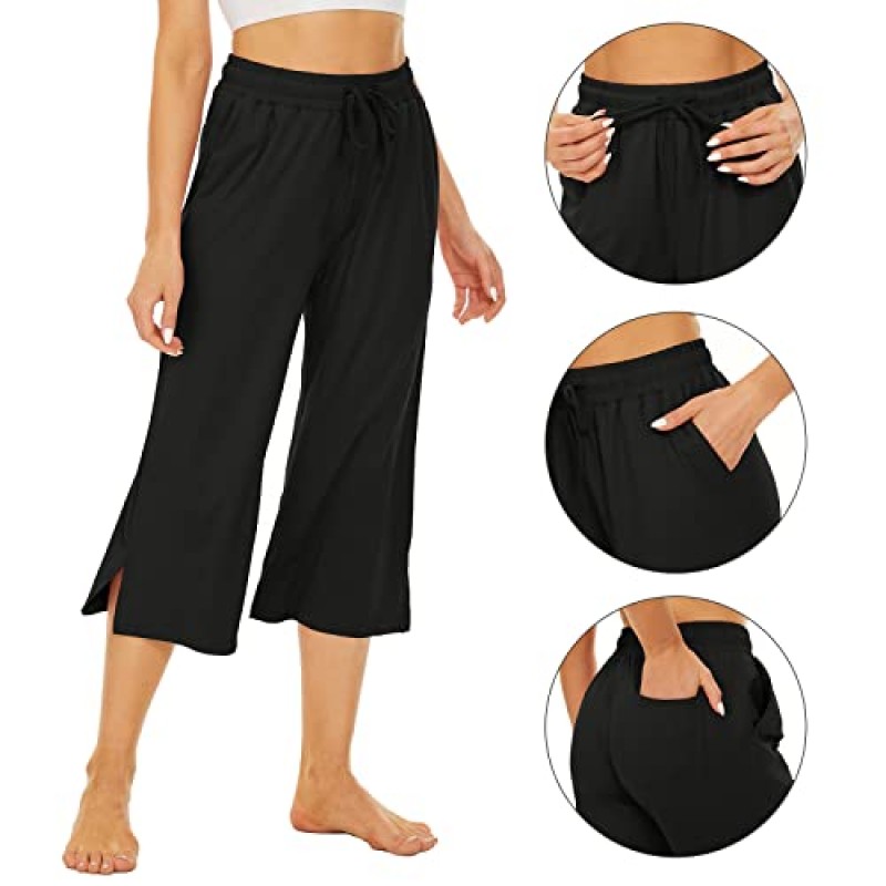 MOKITOUL 여성용 와이드 레그 카프리 바지 루즈한 요가 바지 Drawstring Comfy Lounge Sweatpants with Pocket