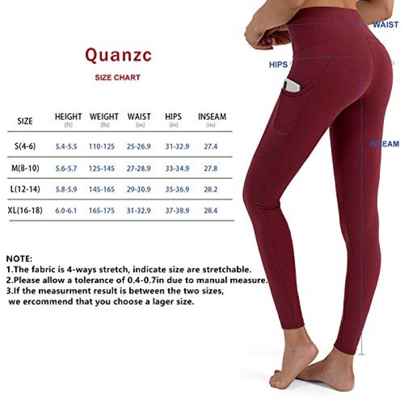 Quanzc 요가 바지 포켓이 있는 여성용 레깅스 포켓이 있는 레깅스 하이 웨이스트 배꼽 컨트롤 Non See Through Workout Pants