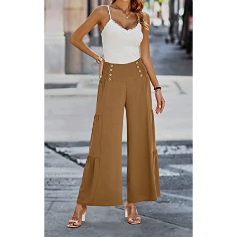 ECOWISH Womens Palazzo Pants 와이드 레그 팬츠 하이 웨이스트 비즈니스 캐주얼 루즈 플레어 팬츠