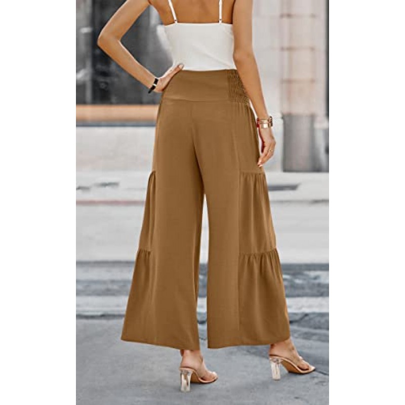 ECOWISH Womens Palazzo Pants 와이드 레그 팬츠 하이 웨이스트 비즈니스 캐주얼 루즈 플레어 팬츠