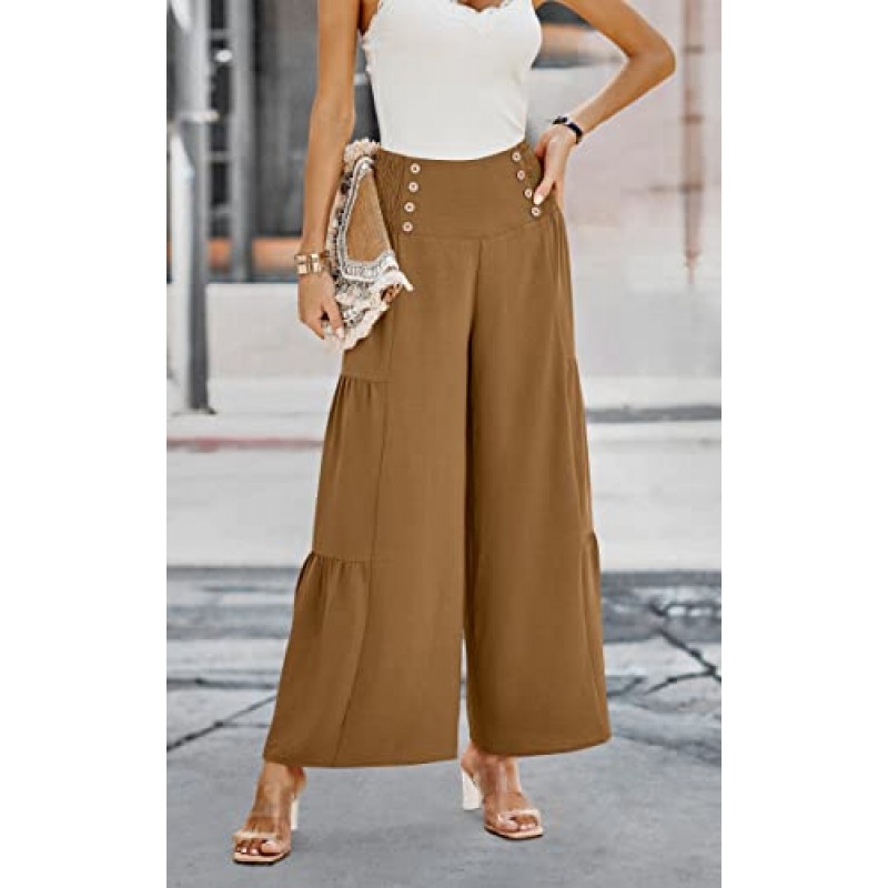 ECOWISH Womens Palazzo Pants 와이드 레그 팬츠 하이 웨이스트 비즈니스 캐주얼 루즈 플레어 팬츠