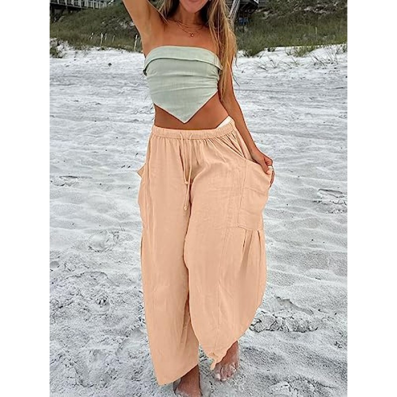 LILLUSORY 여성용 리넨 와이드 레그 팬츠 2023 캐주얼 루즈 Lightweigt Beach Palazzo Harem Pants