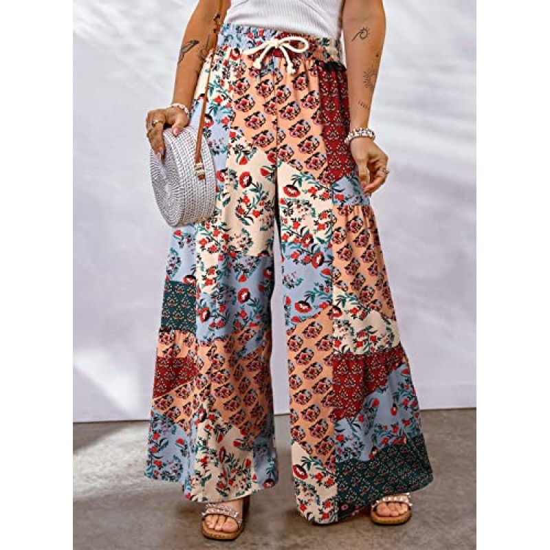 Happy Sailed Womens Boho Print Palazzo 바지 신축성 높은 허리 Drawstring 넓은 다리 히피 플로위 바지