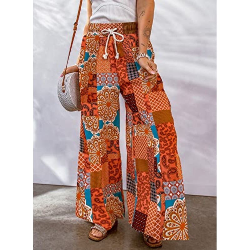 Happy Sailed Womens Boho Print Palazzo 바지 신축성 높은 허리 Drawstring 넓은 다리 히피 플로위 바지