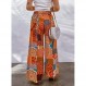 Happy Sailed Womens Boho Print Palazzo 바지 신축성 높은 허리 Drawstring 넓은 다리 히피 플로위 바지