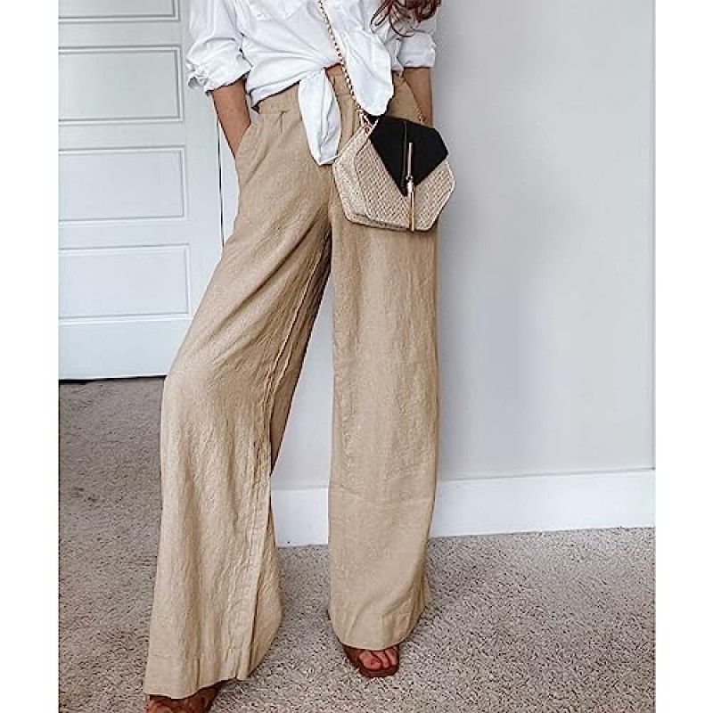 Duyang Womens Cotton Linen Palazzo Pants Drawstring 탄성 허리 캐주얼 와이드 레그 바지(포켓 포함)