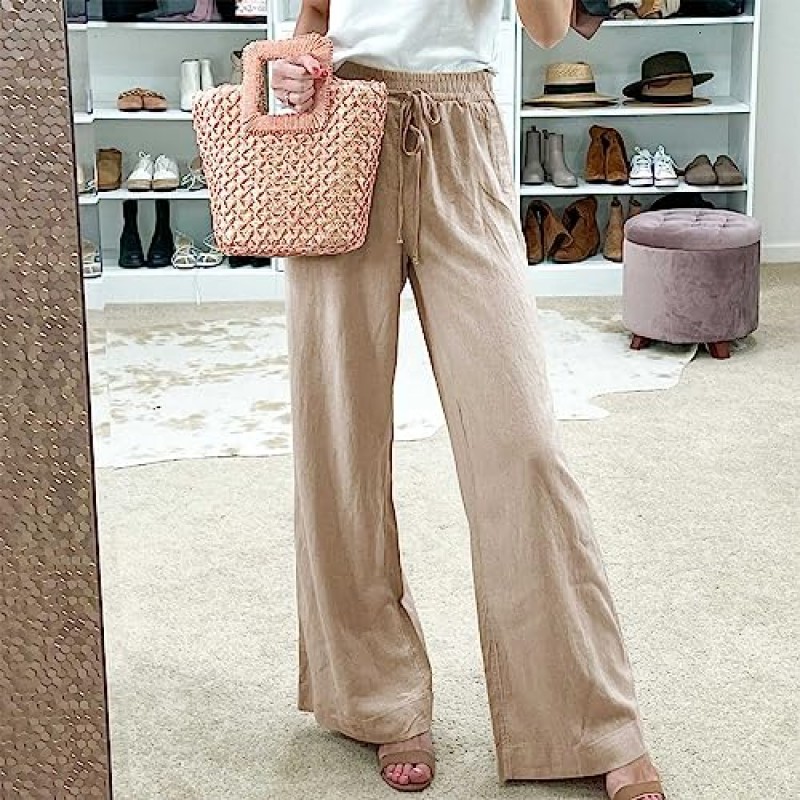 Duyang Womens Cotton Linen Palazzo Pants Drawstring 탄성 허리 캐주얼 와이드 레그 바지(포켓 포함)