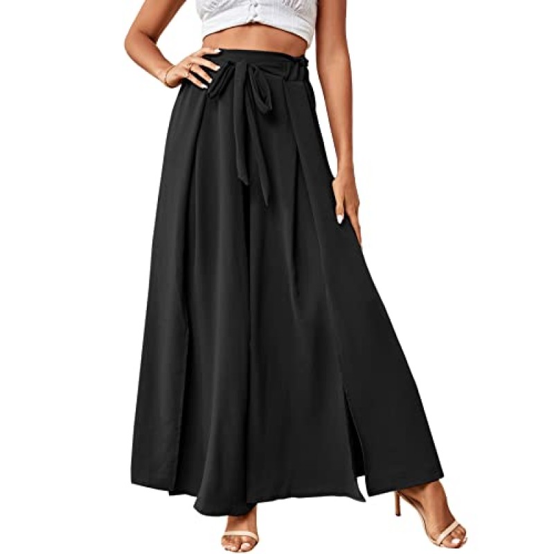 LYANER 여성용 타이 프론트 하이 웨이스트 사이드 스플릿 슬릿 Flowy Wide Leg Pleated Pant with Belt