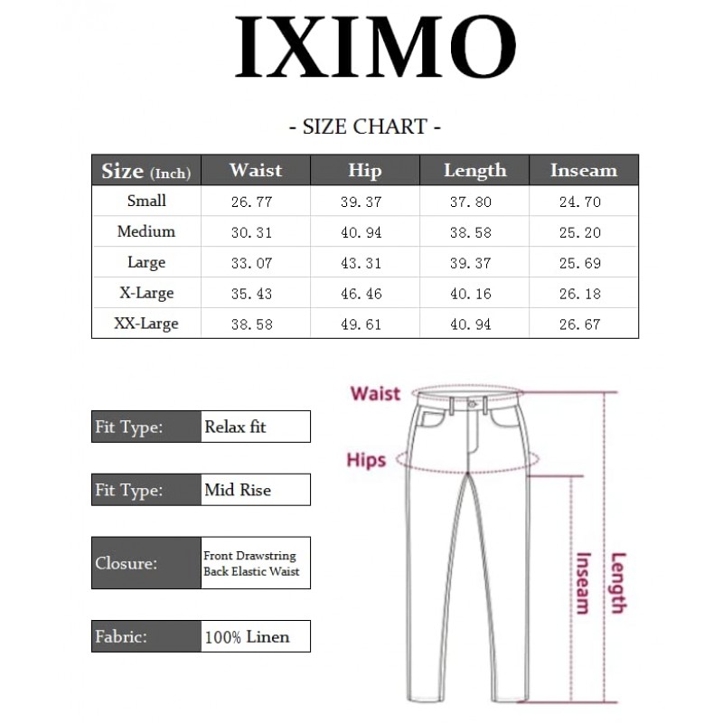 IXIMO 여성용 테이퍼드 팬츠 100% 린넨 조임끈 뒷면 신축성 있는 허리 발목 길이 바지